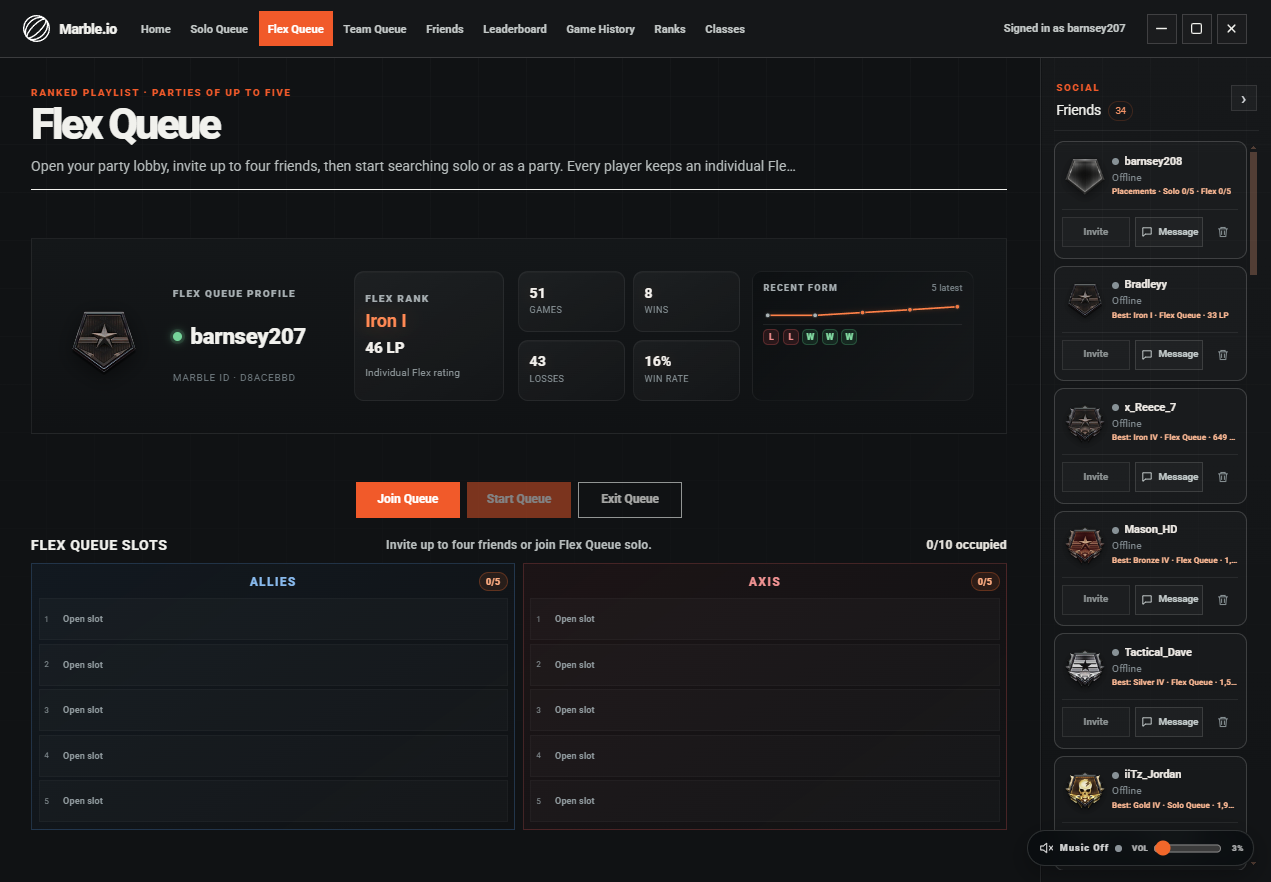 Marble Flex Queue player profile and team slots