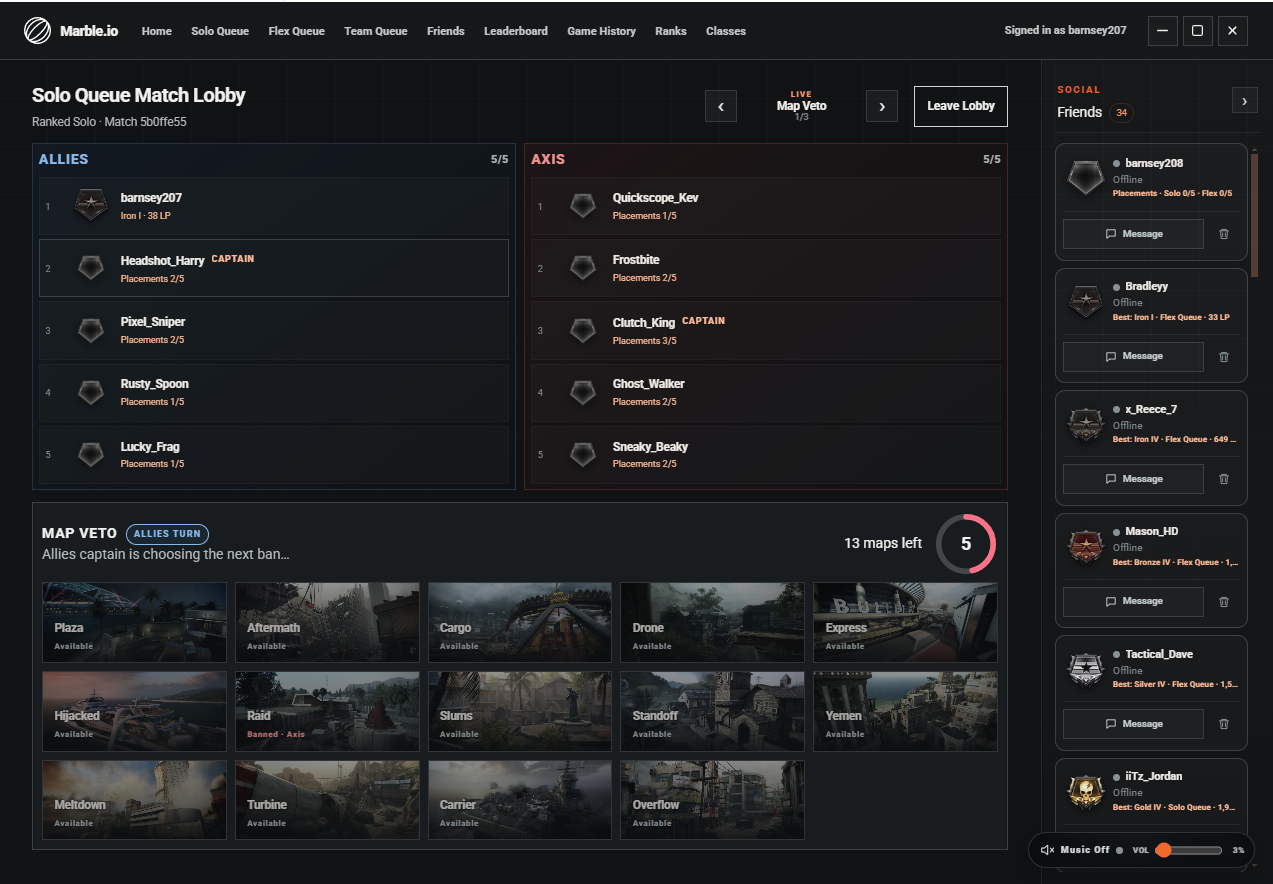 Marble match lobby showing the map veto selection